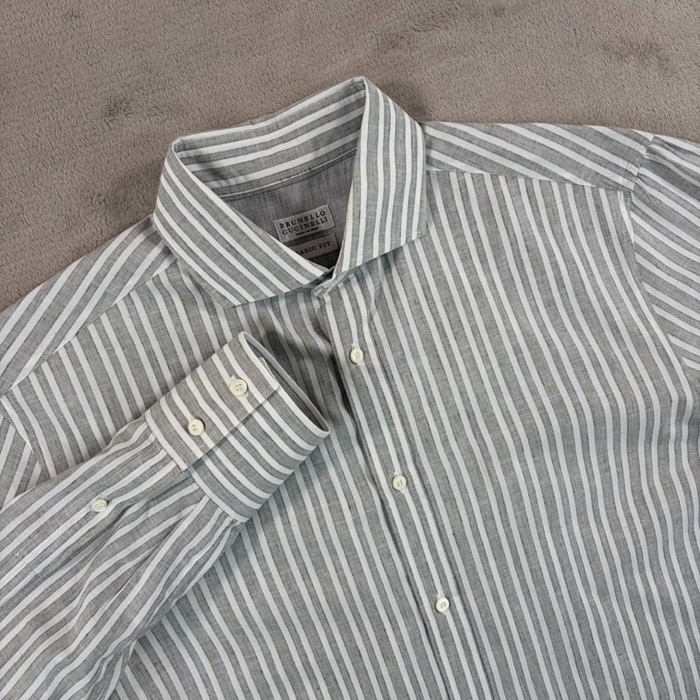 Brunello Cucinelli Basic Fit Shirt in Grey Striped Men Large Linen Cotton Italy